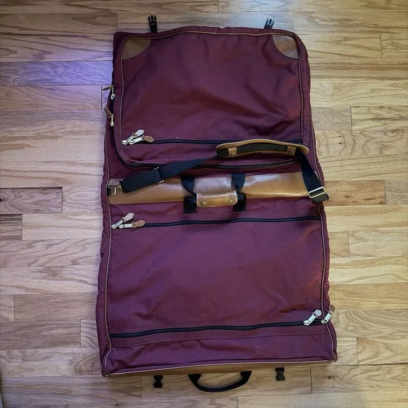 L.L. Bean Garment Bag Burgundy Tan Leather Accents Hanging Travel Bag Vintage